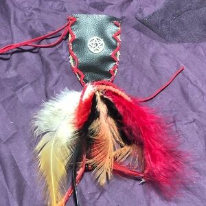 Black Leather Pouch with Red and Feather Accents